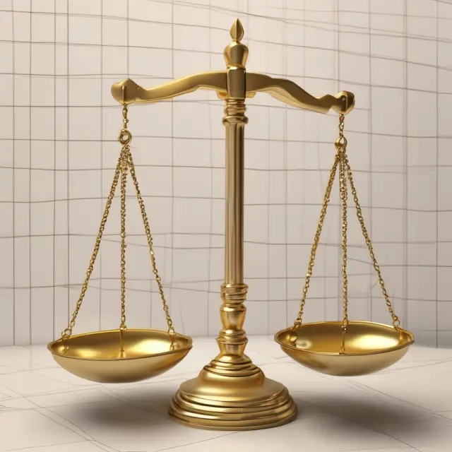 A golden scale depicts the concept of leverage in investing, balanced precariously above a stock market graph. The double-edged sword represents potential gains and losses.