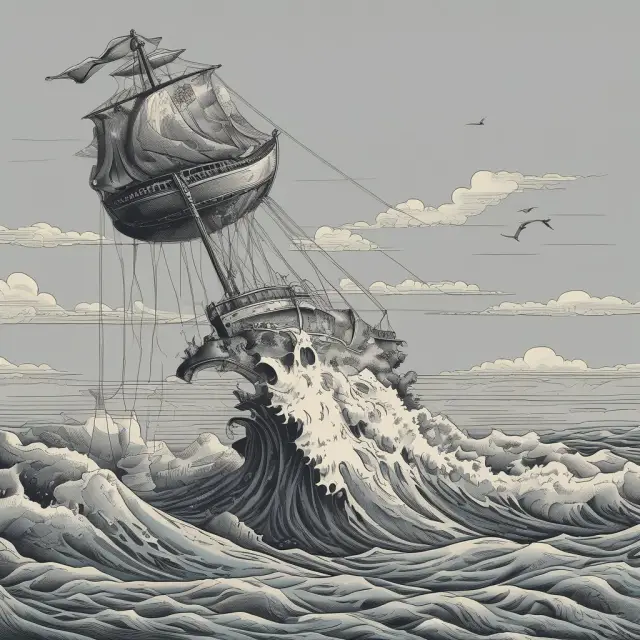 A companies balance sheet depicted as a scale with debt represented by a vast ocean, illustrating financial leverage and asset financing