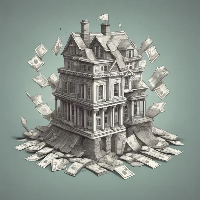 A house of cards precariously balancing on a sea of debt, symbolizing mismanaged financial leverage during the 2008 Global Financial Crisis