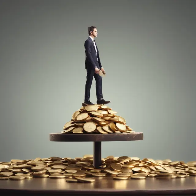 An investor balancing on a seesaw, with one end represented by gains from leveraged investments and the other by potential losses