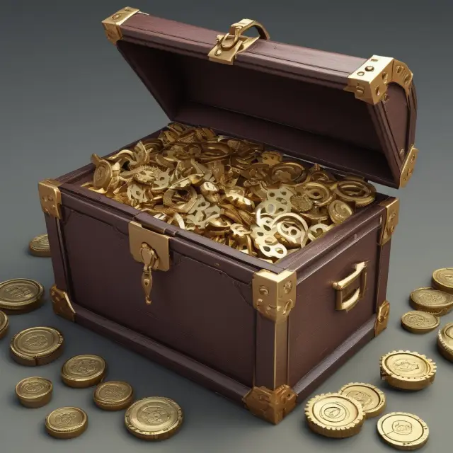 A gold treasure chest brimming with gears and levers symbolizing the strategic advantage of financial leverage for companies in their growth journey.