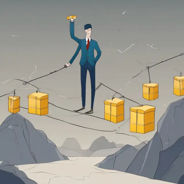 Gold bars balanced on a tightrope represent leverage for companies, with added weights symbolizing increased interest charges and financial risks.