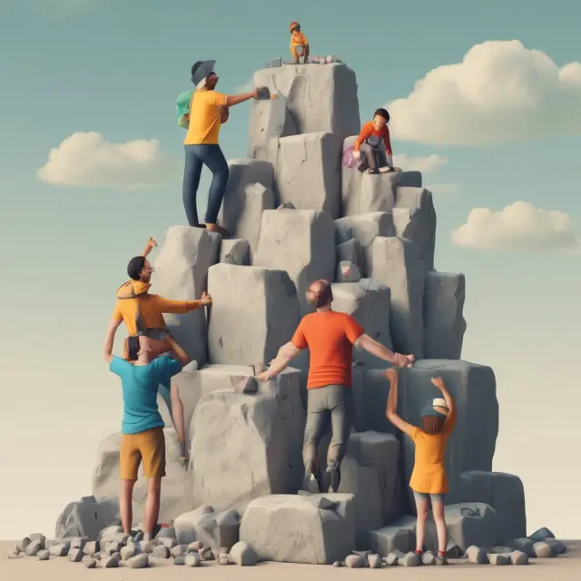 Family scaling a mountain of debts with varying weights representing diverse industries