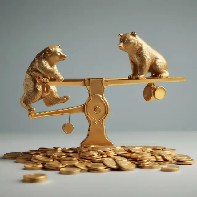 Golden see-saw with bears representing cons and coins representing pros balanced for long-term investment in leveraged ETFs