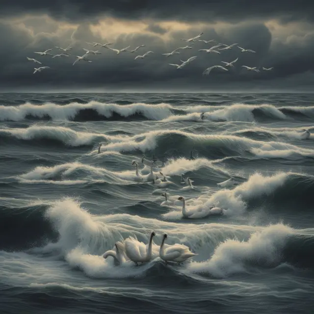 Swans forming Leveraged Loan Index (LLI) amidst a stormy sea, emphasizing resilience in volatile markets