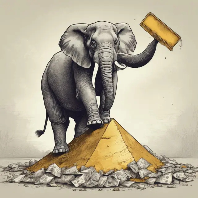 Elephant lifts stock shares with a golden shovel atop a debt pyramid, symbolizing leveraged buybacks and their financial implications
