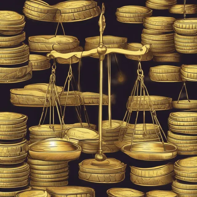 A golden scale with rising interest rates on one pan and a pile of leveraged buyback gold coins on the other, illustrating the balance between economic factors and corporate financing strategies.