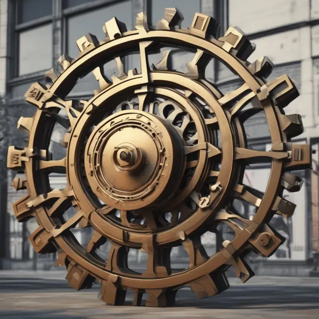 Two overlapping gears with corporate symbols represent the process of a Leveraged Buyout merger