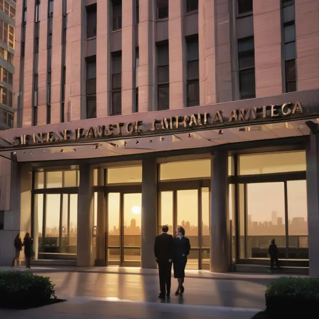 Three businesspeople in suits, symbolizing a private equity firm, celebrating a successful $31 billion LBO of Hospital Corporation of America against the backdrop of Wall Street