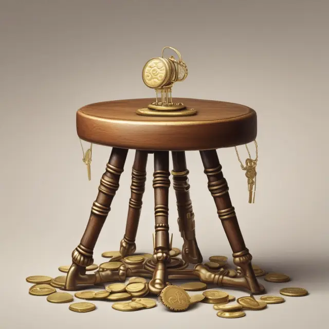 Three-legged stool adorned with gold coins and keys represents the essential aspects of a Leveraged Lease agreement.