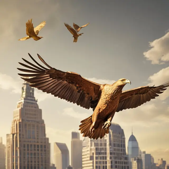 Golden bird flying above buildings with the text 