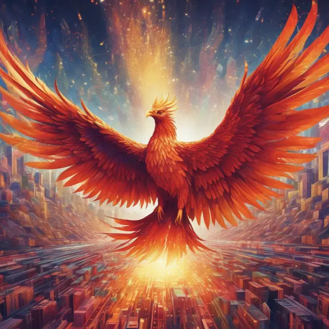Phoenix rising from data pool, symbolizing transformative growth in leveraged leasing. SEO: leased financing, business trends, future outlook