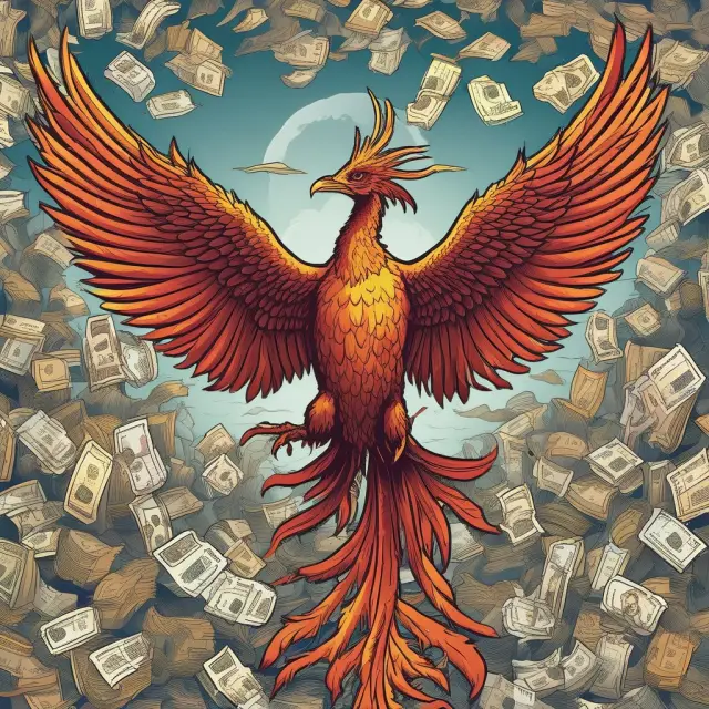 A mythical phoenix emerging from a sea of debt symbols, signifying the transformative power of leveraged loans in corporate finance.