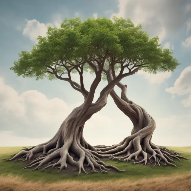 Two interconnected trees symbolizing Levered Free Cash Flow and Unlevered Free Cash Flow emerging from an EBITDA rootbase