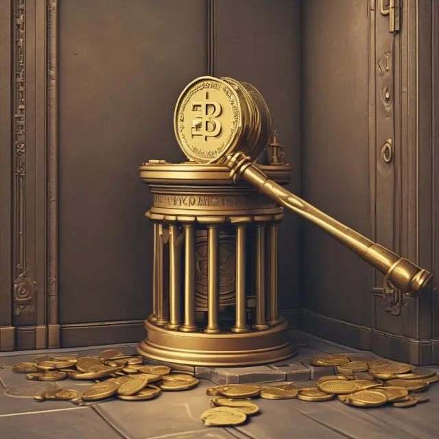 Gold coin being struck by a gavel inside a bank vault during a bank levy