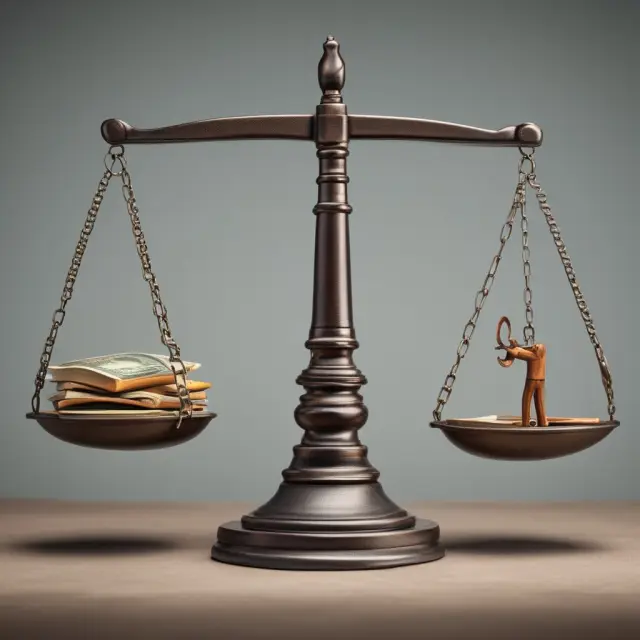 Scales with gold coins on one side and debts (levies) on the other, symbolizing the struggle for financial balance