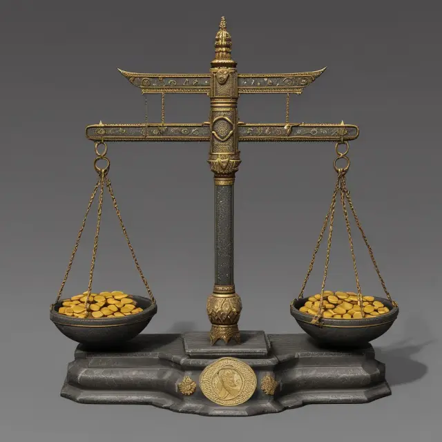 Ancient scales with gold coins symbolizing assets and weighted stones representing liabilities