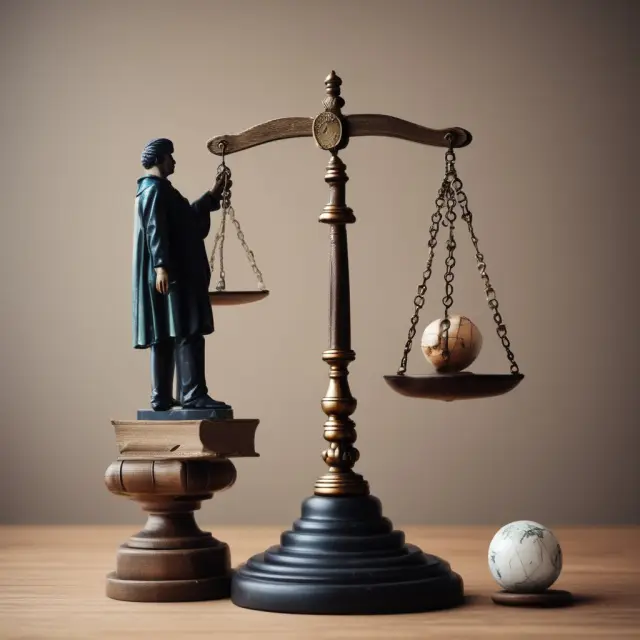 A balanced scale represents financial and legal liabilities. A tax document shifts the balance, while a gavel-wielding lawyer ensures justice.