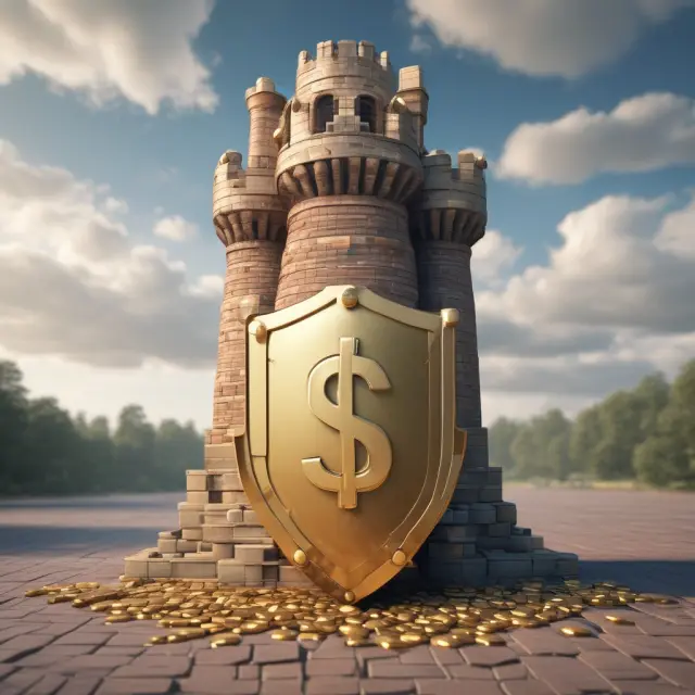 Shield with $ symbol guarding castle made of gold coins represents Liability Insurance protecting assets