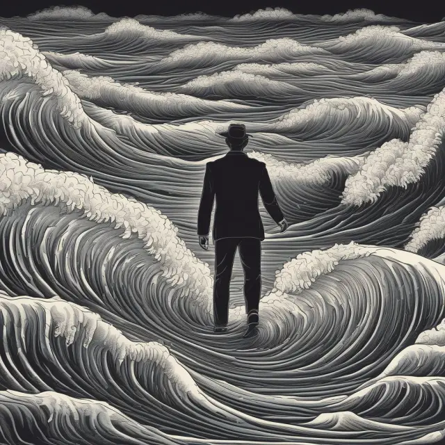 An institutional investor standing on a rocky shore amidst rough waves representing mortgage-backed securities, battling against a tide of liar loans and fraudulent activities