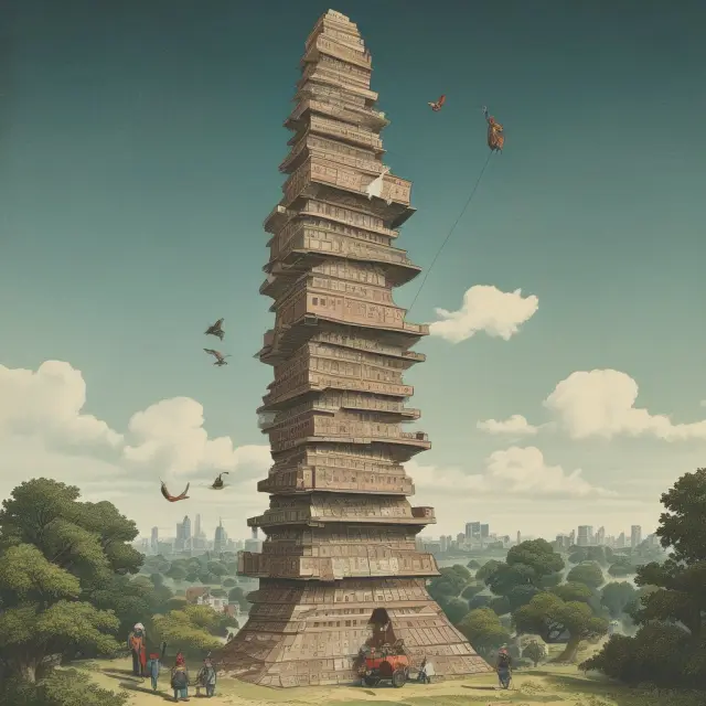 People removing unverified documents symbolizing income from a precarious tower stack, emphasizing risky liar loan practices during real estate bubbles