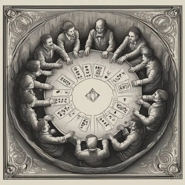 A group of players around a table engage in Liar