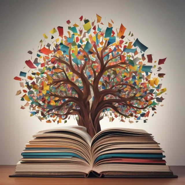 A tree adorned with various books, symbolizing Michael Lewis
