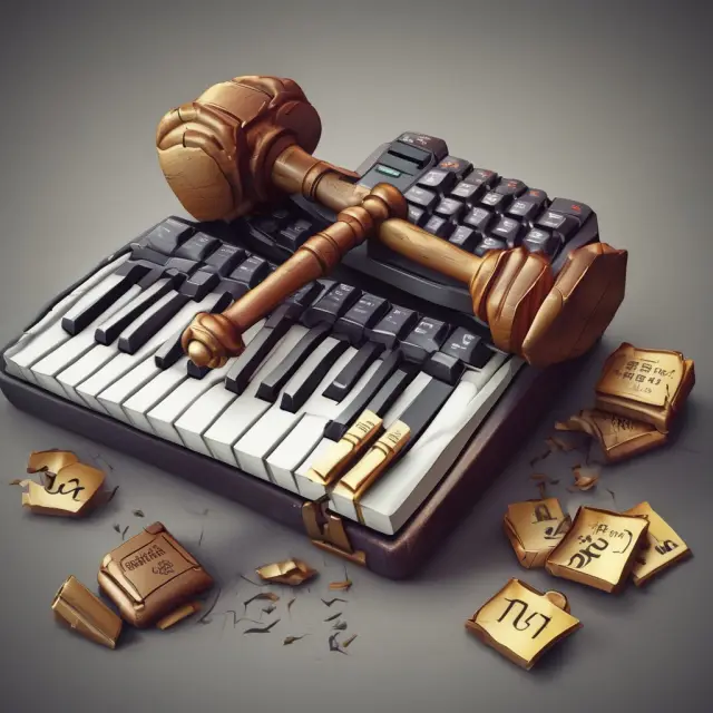 A gavel crushes a digital keyboard, representing the power of libel to protect reputations in law and finance.