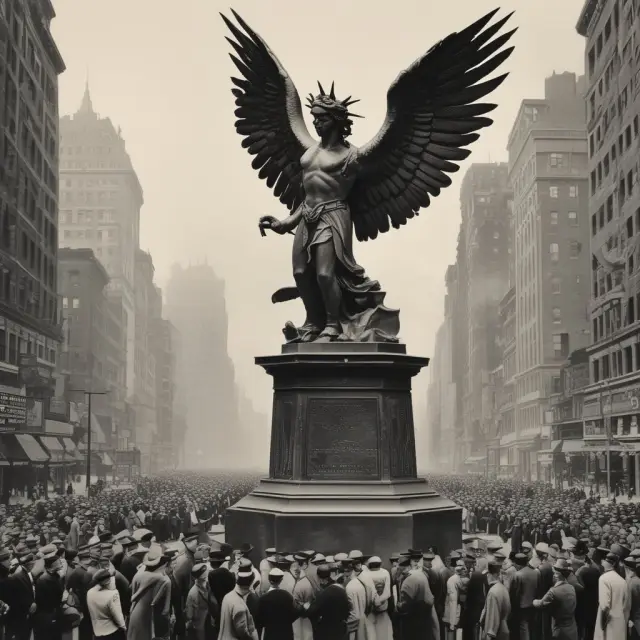 A mythical phoenix rising above the ruins of Ground Zero, symbolizing the resurrection of New York