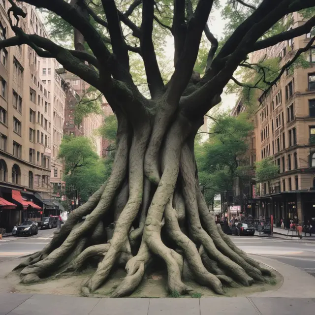 A Liberty Bond tree blooming with roots intertwined, symbolizing economic growth in the U.S. during WWI and NYC post-9/11