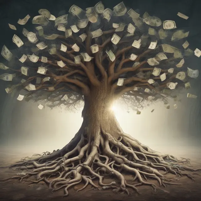 An ancient tree with roots entwined around eurocurrency deposits grows towards the light, representing the London Interbank Bid Rate (LIBID) and its role in interbank lending history