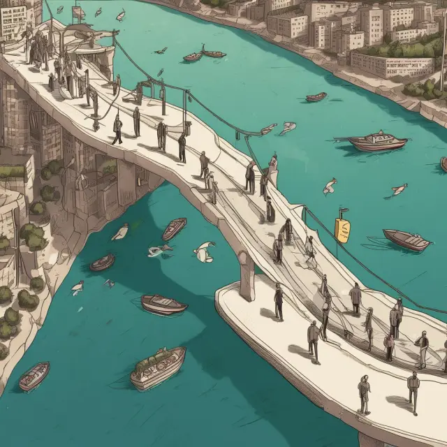 Banks exchanging LIBOR keys across a floating yield curve bridge, symbolizing interest rate swaps and the LIBOR curve