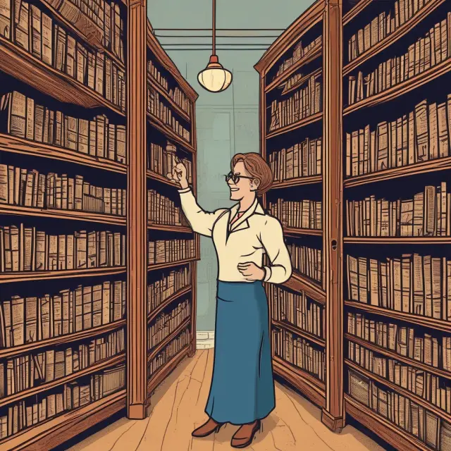 Librarian guiding reader towards LIBOR resources on a bookshelf
