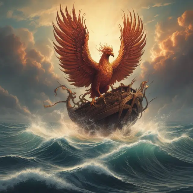 Image of a phoenix emerging from a sinking ship with the words 
