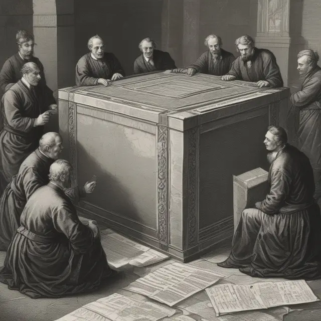 An ancient time capsule with bankers collaboratively updating records representing London Interbank Offered Rate history.