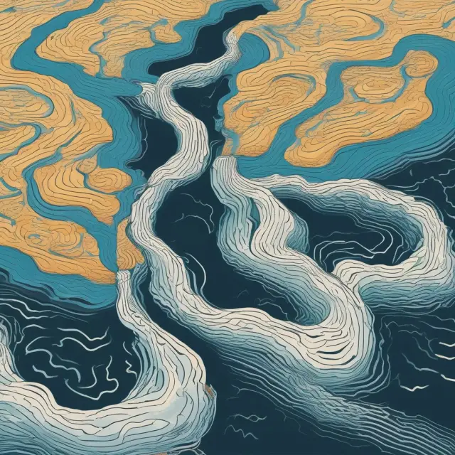 Four intertwining rivers representing EURIBOR, TIBOR, SHIBOR, and MIBOR flowing into a vast sea, symbolizing the global financial market
