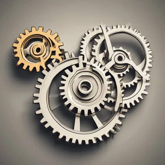 Three interlocking gears representing copyright, patent, and trademark licensing agreements