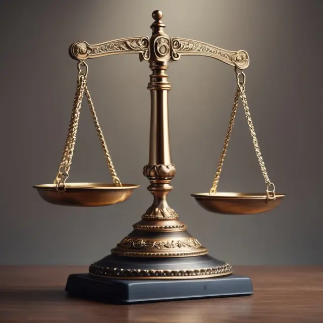 A balance scale holding an agreement document on one side, with the other side symbolizing justice, illustrating fairness in licensing agreements and legal adherence.