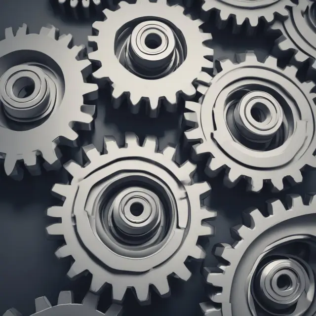 Five gears of different colors and designs symbolizing various industries interconnecting to form a single entity, representing successful licensing agreements