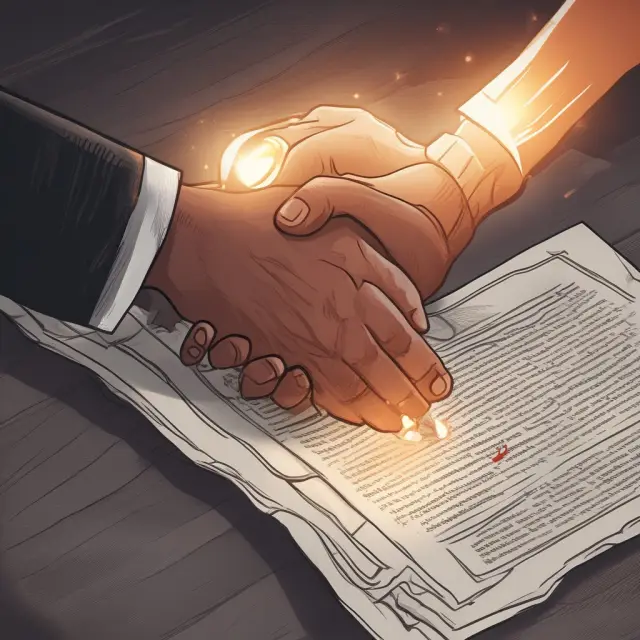 Image of two hands shaking on a glowing contract, with a licensing agreement scroll in the foreground.