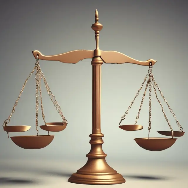 Scales weighing licensing fees (one-time payment) against royalties (recurring payments), representing IP rights decision-making.