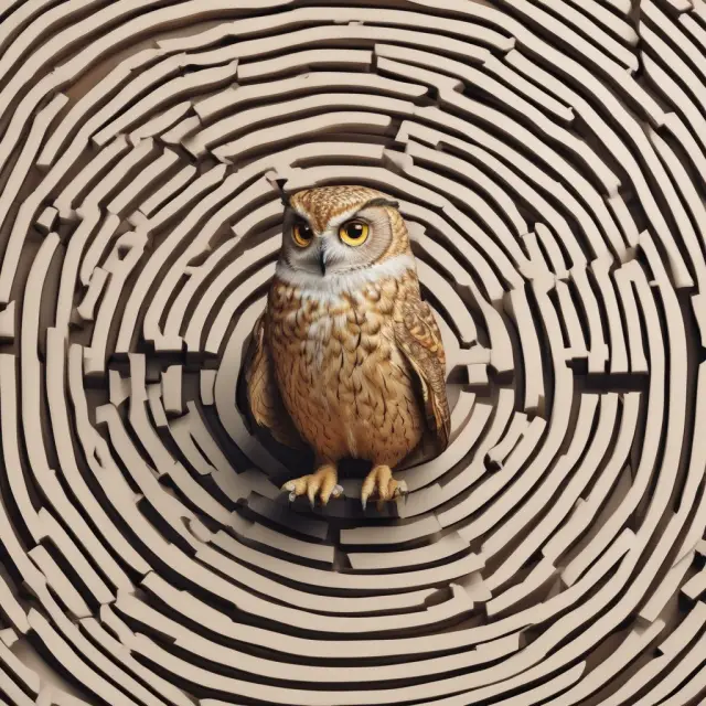 A small business owner, represented by a determined figure, is shown consulting a wise owl as they navigate a complex maze filled with licensing fee symbols. The owl symbolizes wisdom and guidance.