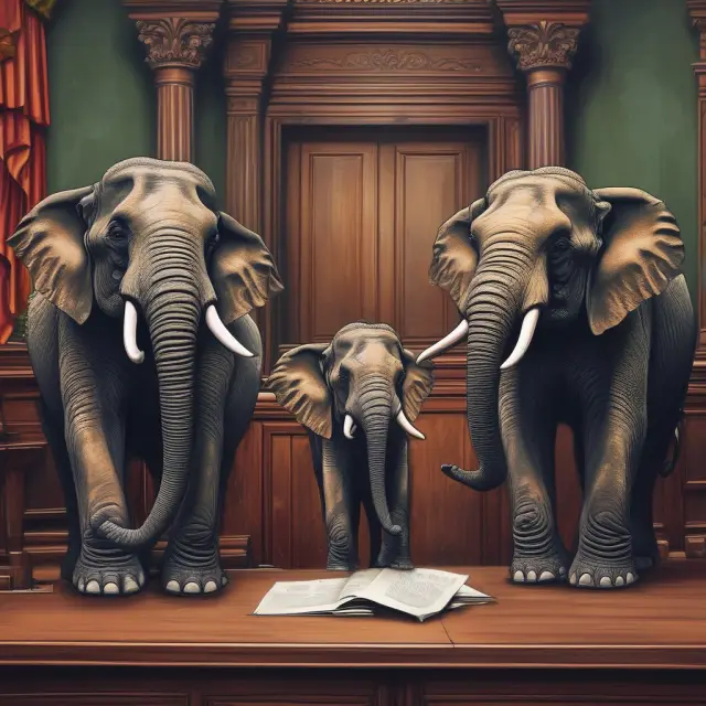 Three elephants engaging in a courtroom dispute, symbolizing high-stakes licensing fee conflicts