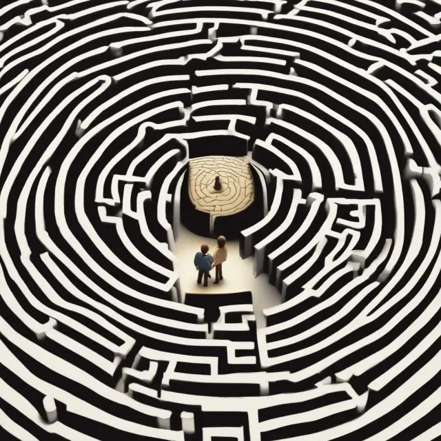 Image of professionals traversing a complex maze, symbolizing the intricacies of navigating various regulations for licensing fees and permit requirements