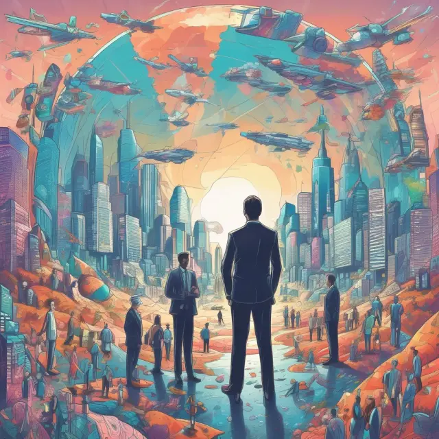 Professionals evolving with a kaleidoscope of licenses amidst a futuristic cityscape, symbolizing industry transformation