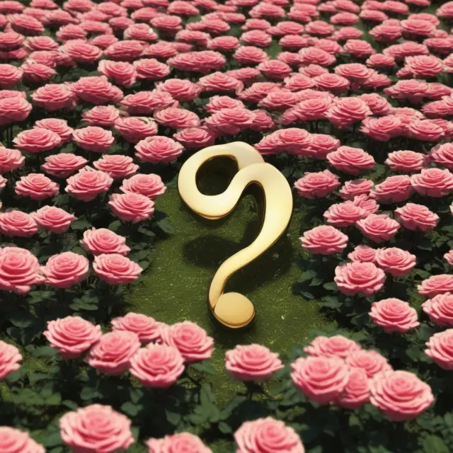 Golden question mark floating on a bed of roses, symbolizing frequently asked questions