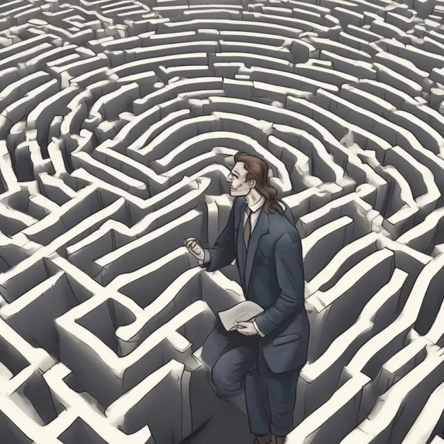 An institutional investor stands in the midst of a labyrinth, examining scrolls with tax lien FAQs, symbolizing the complexities and knowledge required for successful investment in this strategy