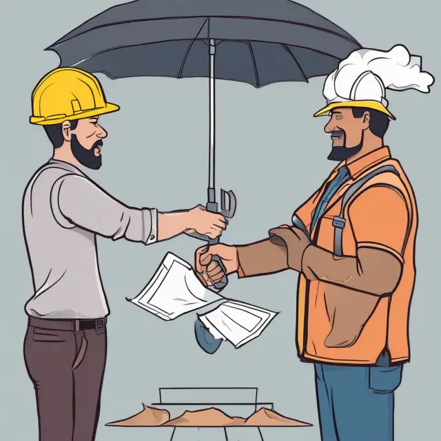 A handshake between subcontractor and contractor under an umbrella labeled