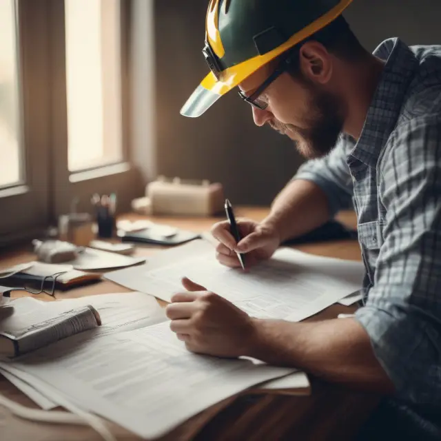 A contractor carefully examining and signing a series of documents releasing their right to file mechanic