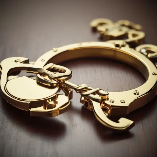 A golden pair of handcuffs symbolizes the bank